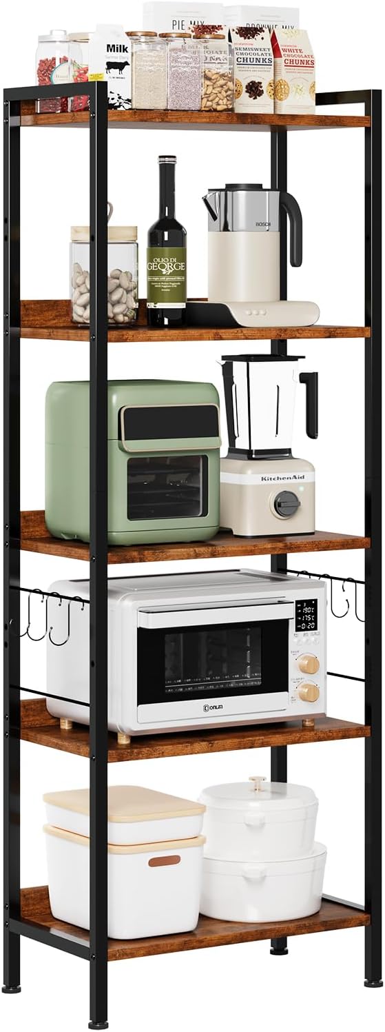 Dripex Baker's Rack with/without power outlet, 65" Freestanding Kitchen Storage Shelf Unit with Hooks, 5-Tier Versatile Standing Bookshelf for Home, Kitchen, Living Room
