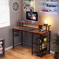 Dripex 107.5 x 48 x 95cm Computer Desk Home Office Desk with Monitor Stand & Storage Shelves Rustic Brown Work Writing Desk Gaming Table for Small Spaces