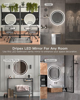 Dripex Round LED Bathroom Mirror, Illuminated Circle Makeup Vanity Mirror with Demister Pad, Anti-fog, 3 Lighting Modes, Dimmable, Wall Mounted, Front+Backlit, IP44