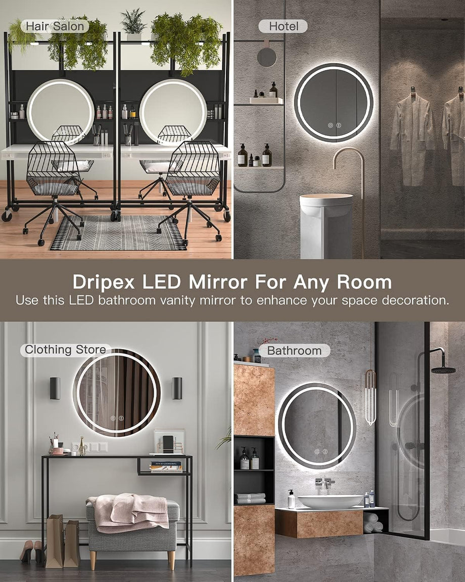 Dripex Round LED Bathroom Mirror, Illuminated Circle Makeup Vanity Mirror with Demister Pad, Anti-fog, 3 Lighting Modes, Dimmable, Wall Mounted, Front+Backlit, IP44