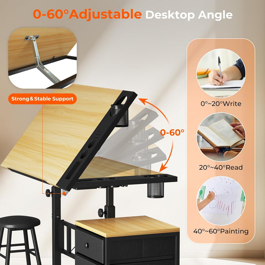 Dripex Adjustable Drafting Table, Tiltable Drawing Table with Stool, Art Craft Desk with Storage Drawers for Artwork, Computer Desk for Reading, Writing and Working at Home/Office