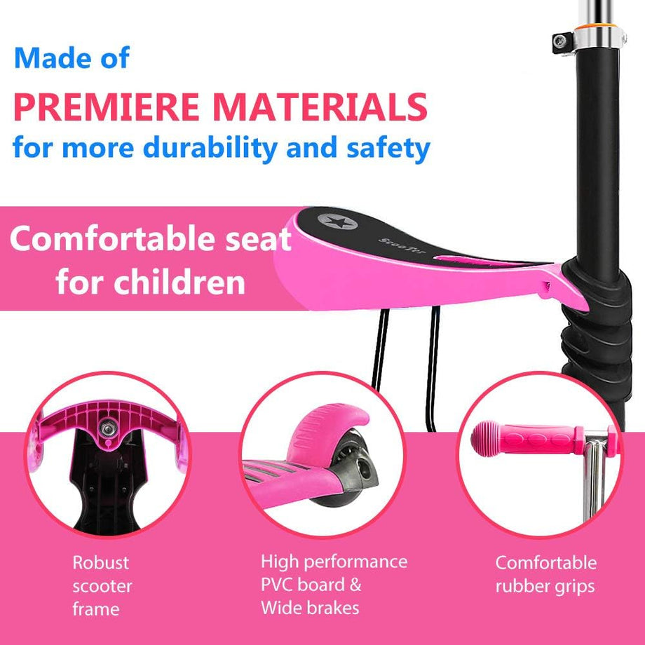 Dripex 5-in-1 Kids Scooter Toddler Scooter with Flashing Led Light Up Wheels 3 Wheels Kick Scooter with Adjustable Handlebar Removable Seat and Push Handle