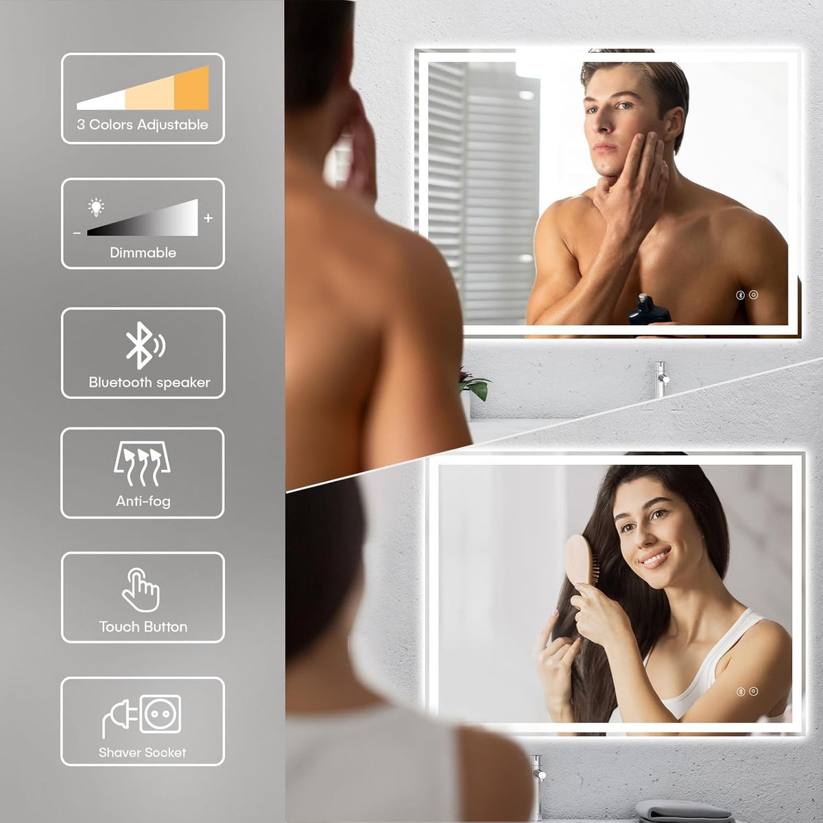 Dripex Bluetooth LED Bathroom Mirror with Shaver Socket, Dimmable 3 Co ...