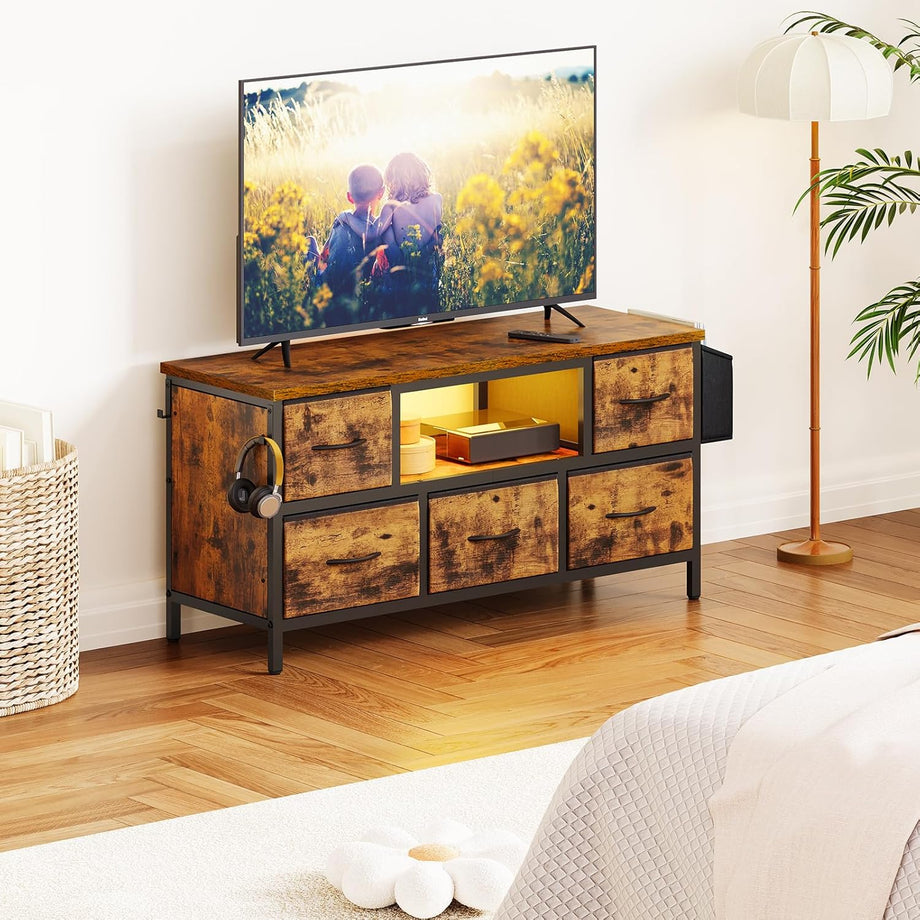 Dripex 100 x 35 x 50cm TV Cabinet Stand Unit for TVs up to 55 Inches with 5 Foldable Drawers Storage Organizers and Open Shelves with RGB LED Lighted TV Gaming Entertainment Center for Living Room