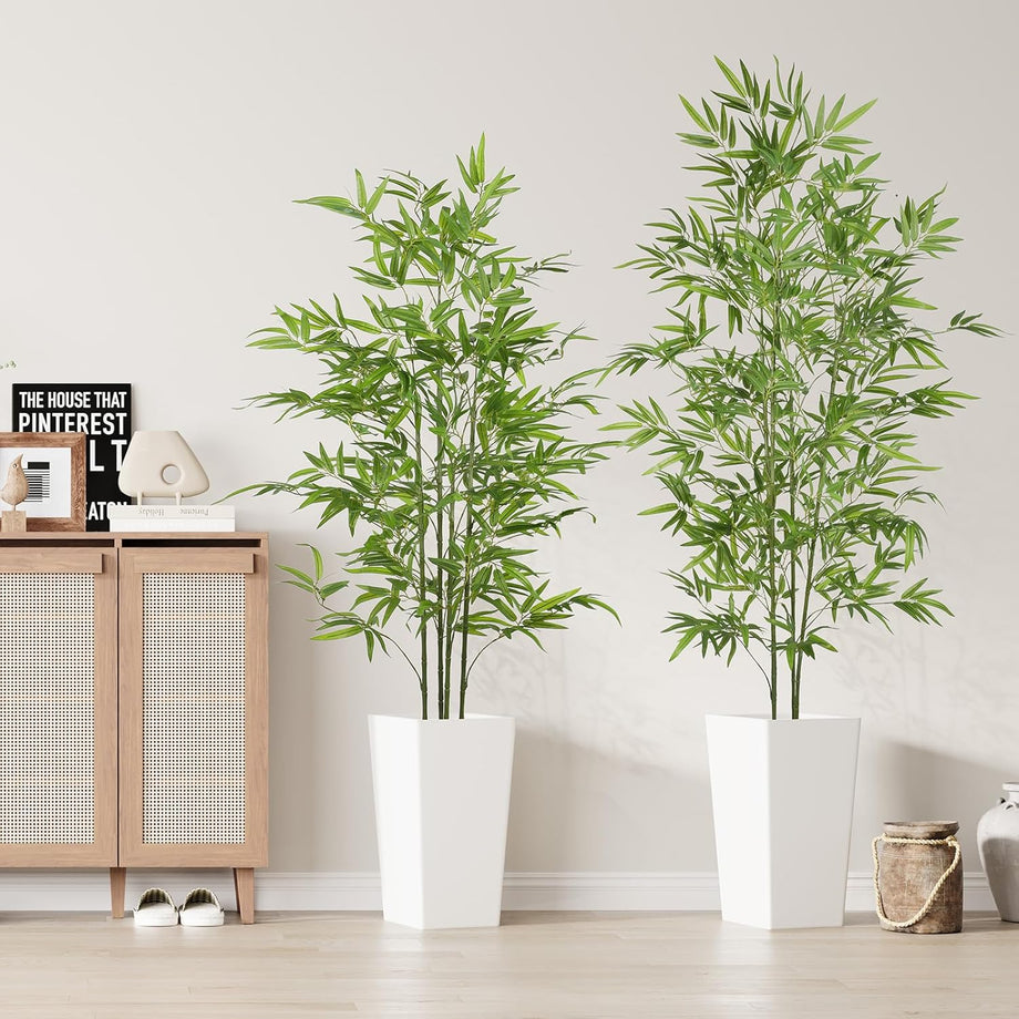 YOLEO 5FT/6FT Artificial Bamboo Tree with White Tall Planter, Lifelike Fake Silk Tree Indoor, Faux Bamboo Tall Plant for Living Room Bedroom Balcony Corner Office Deco