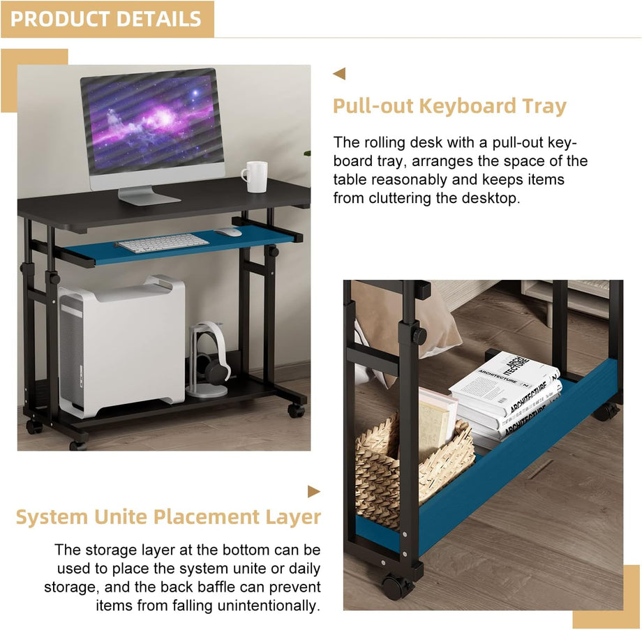 Dripex Computer Desk Mobile, Portable Office Desk with Movable Wheels, Height Adjustable Study Desk, Home Office Desk with Keyboard Tray and Shelf for Small Spaces
