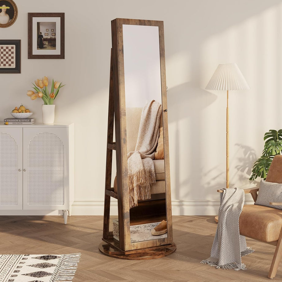 Dripex Jewelry Organiser Mirror Wardrobe, 360° Swivel Jewelry Storage, Lockable, 3 in 1 Free Standing Mirror with Storage Shelves