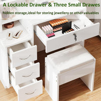 Dripex White Dressing Table with Large Wide Mirror & Soft Stool, Vanity Desk Set with Open Storage Shelves, 4 Wooden Drawers, Makeup Desk, Spacious Storage