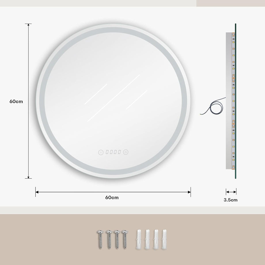Dripex Time Display Round Bathroom LED Mirror, Illuminated Wall Mounted Circle LED Bathroom Mirror, Anti-fog, 3 Lighting Modes, Dimmable, Front+Backlit, IP4