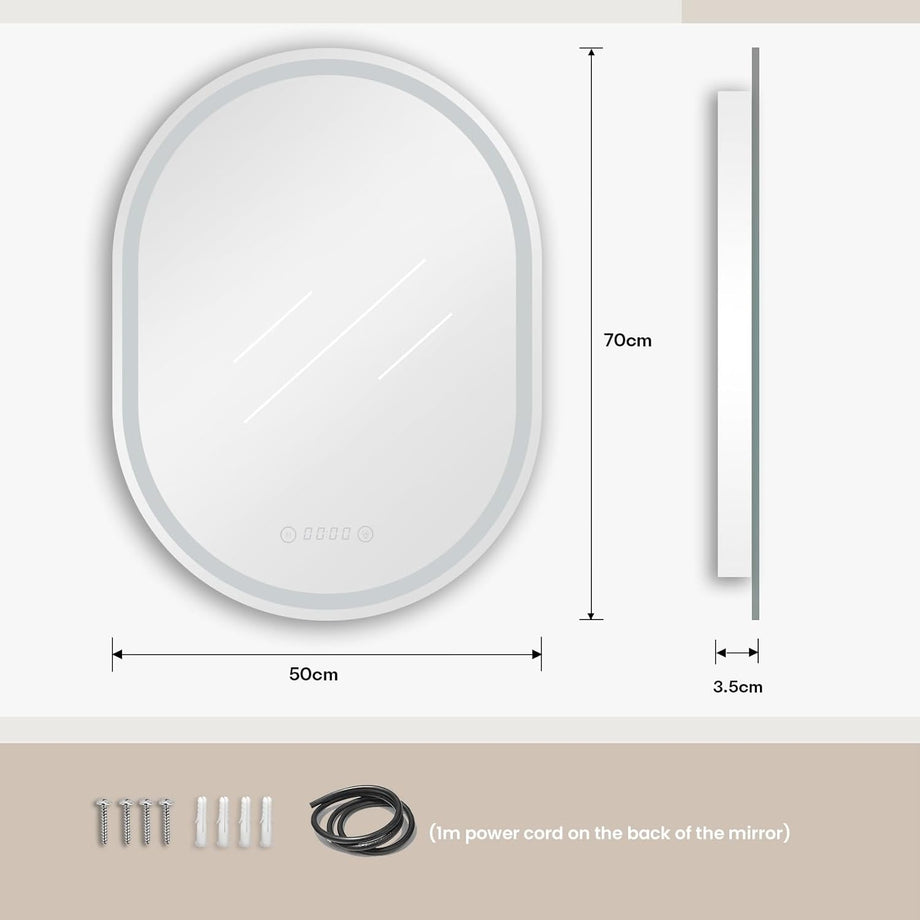 Dripex Clock Display Oval Bathroom LED Mirror, LED Mirror Bathroom with Light, Illuminated Backlit Wall Mounted Mirror with Demister, Anti-fog, 3 Lighting Modes, Dimming Light, IP44