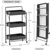 Dripex Foldable Storage Trolley Cart, 3-Tier Metal Rolling Organizer Cart with Casters, Mobile Utility Service Cart for Kitchen Bathroom Office Laundry