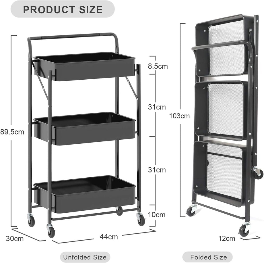 Dripex Foldable Storage Trolley Cart, 3-Tier Metal Rolling Organizer Cart with Casters, Mobile Utility Service Cart for Kitchen Bathroom Office Laundry