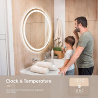 Dripex Time Display Round Bathroom LED Mirror, Illuminated Wall Mounted Circle LED Bathroom Mirror, Anti-fog, 3 Lighting Modes, Dimmable, Front+Backlit, IP4