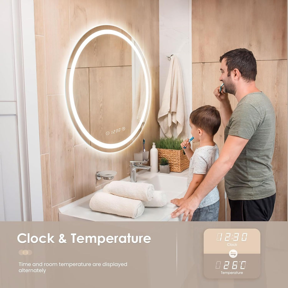 Dripex Time Display Round Bathroom LED Mirror, Illuminated Wall Mounted Circle LED Bathroom Mirror, Anti-fog, 3 Lighting Modes, Dimmable, Front+Backlit, IP4