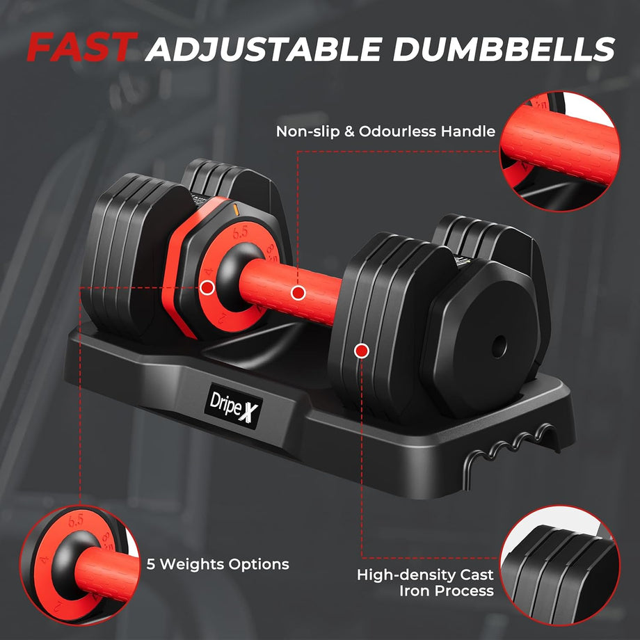 Dripex Adjustable Dumbbells 11kg/24.5kg Dumbbell Weights Pair for Men | Quick-Adjust Non-Slip Handle, Fast Weight Set for Saving Place, Home Gym Fitness Training, Safety Locking Mechanism