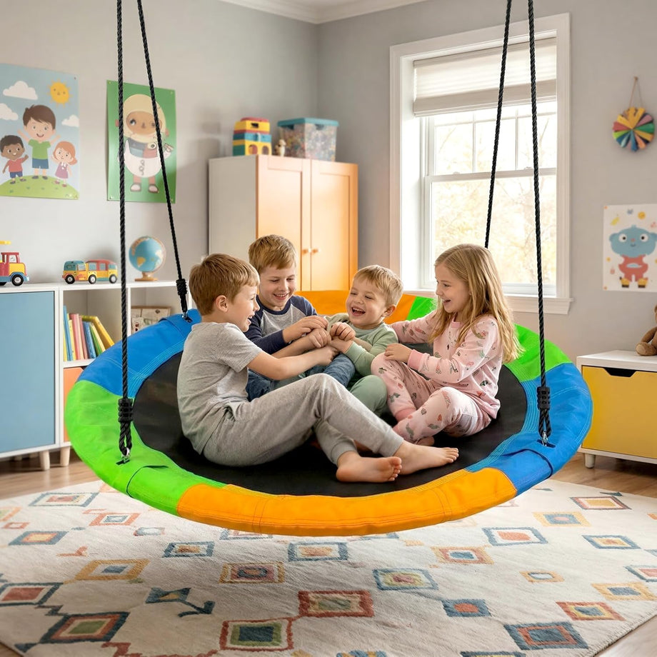 Dripex 120cm Round Nest Swing Children's Tree Swing Seat Round Basket for Outdoor Backyard Garden, Oxford, Multicolor, 300 kg Capacity