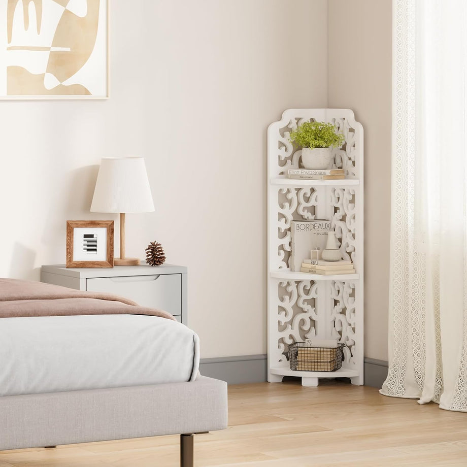 Dripex 3 Tier/4 Tier Baroque White Corner Shelf, Narrow Bathroom Shelves for Small Space, Floor Standing Storage Display Rack for Living Room, Bedroom or Home