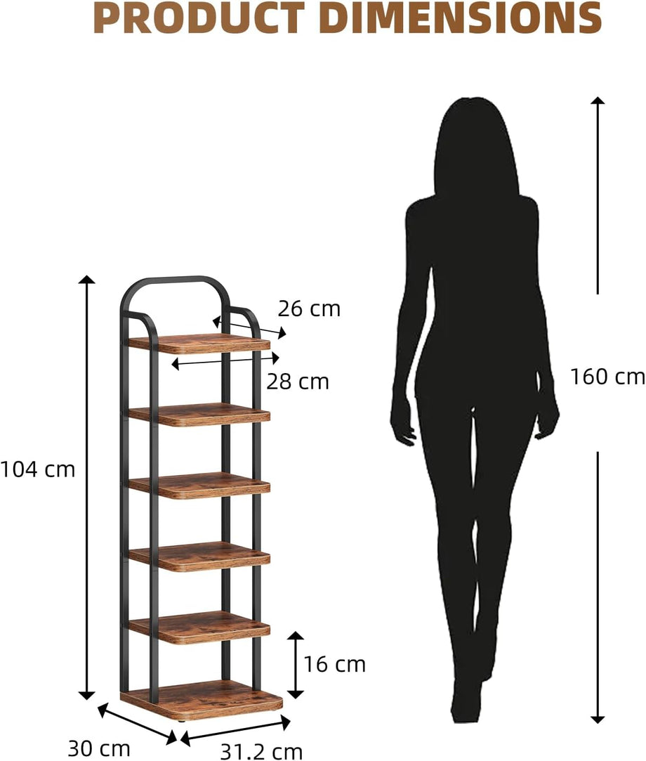 Dripex Adjustable Narrow Shoe Rack Organizer, Space Saving Vertical Tall Shoe Shelf, Sturdy Multifunctional Entryway Hallway Living Room Storage Shelf Rustic Brown