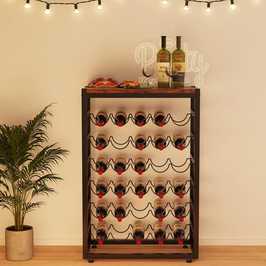 Dripex 30 Bottles Wine Rack Free Standing Floor, 6-Tier Display Wine Storage Shelves with Wooden Table Top, Sturdy Metal Bottle Holder for Kitchen Bar Pantry (L59 x W30 x H88cm)