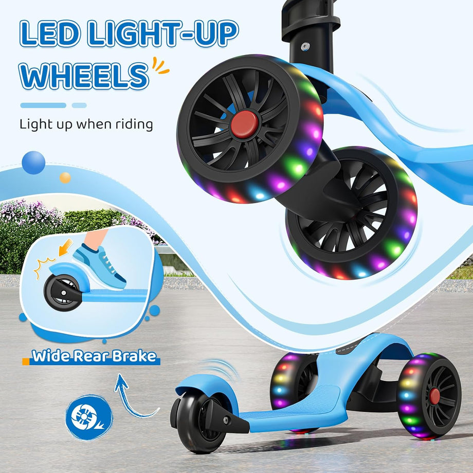 YOLEO Kids Three Wheel Kick Scooter with Removable Seat, LED Flashing Wheels, Height Adjustable Scooter