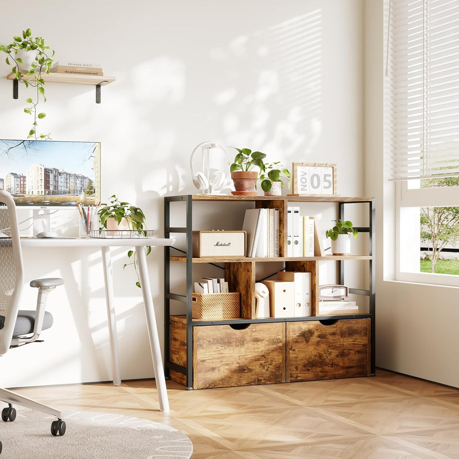 Dripex 4 Tier Wooden Rustic Brown Standing Shelves, 100D x 33W x 90H cm, 5 Compartments & 2 Drawers with Swivel Casters，Display Storage Shelf with Steel Frame, Low Bookcase for Living Room or Office