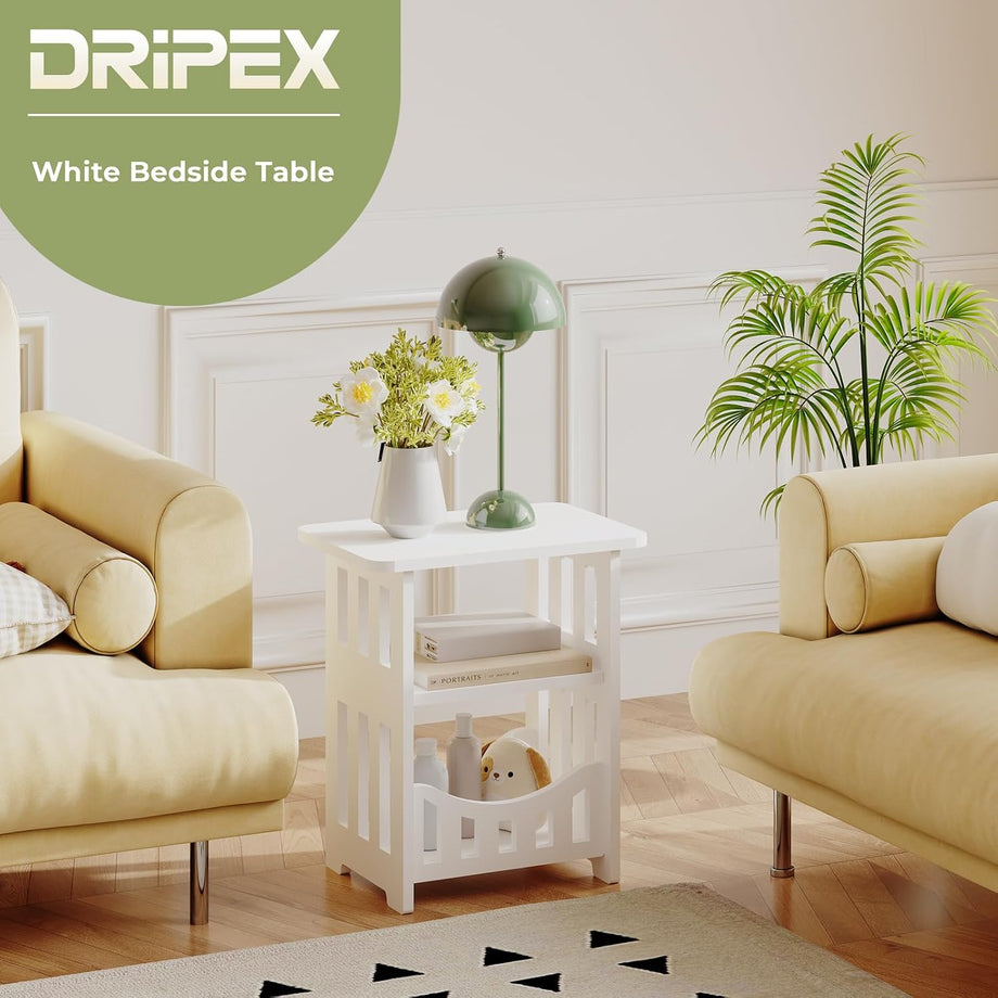Dripex 3-Tier Side End Table with Storage Shelf Basket, White Small Bedside Table, Slim Narrow Nightstand Small Spaces for Living Room, Bedroom, Bathroom, Balcony
