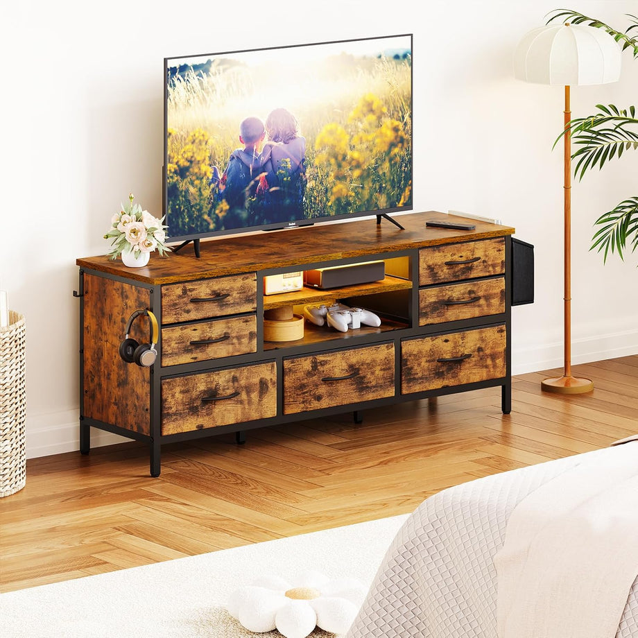 Dripex 120 x 35 x 50cm TV Cabinet Stand Unit for TVs up to 55 Inches with 7 Drawers Storage Organizers and Open Shelves with RGB LED Lighted TV Gaming Entertainment Center for Living Room