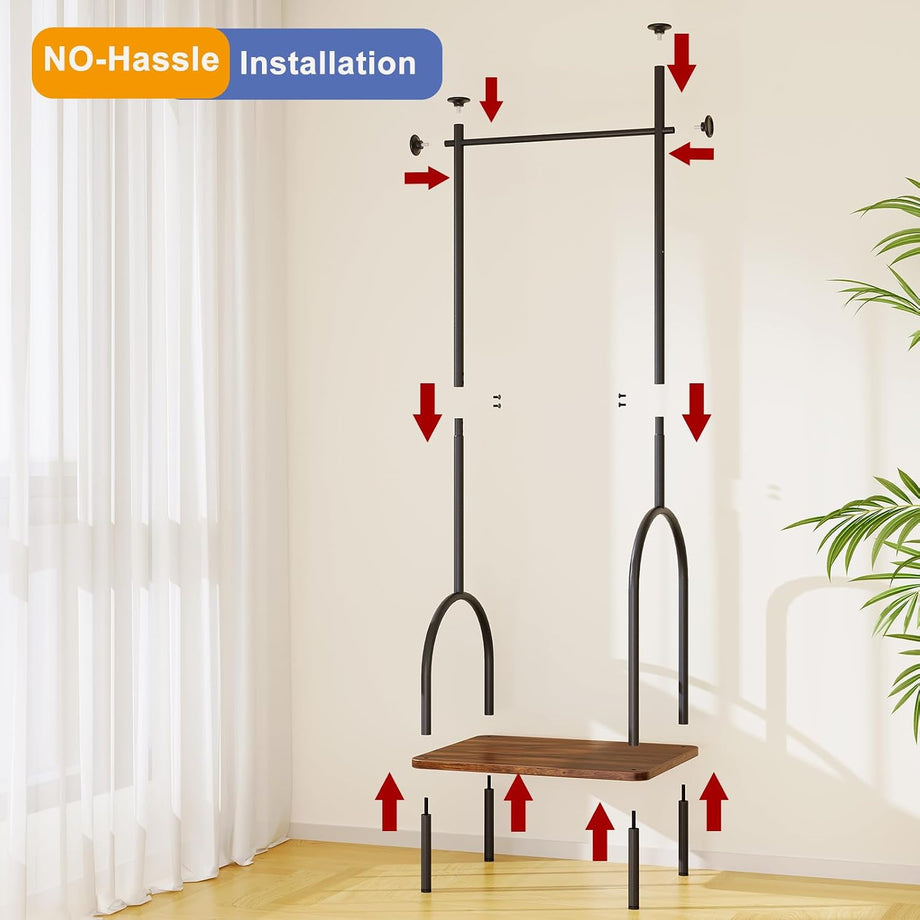 Dripex Clothes Rail, Hall Tree, Freestanding Coat Rack with Wooden Storage Shelf, 4 Hooks, Compact Clothes Organiser Garment Stand for Home Hallway Bedroom W51 x D39 x H157cm