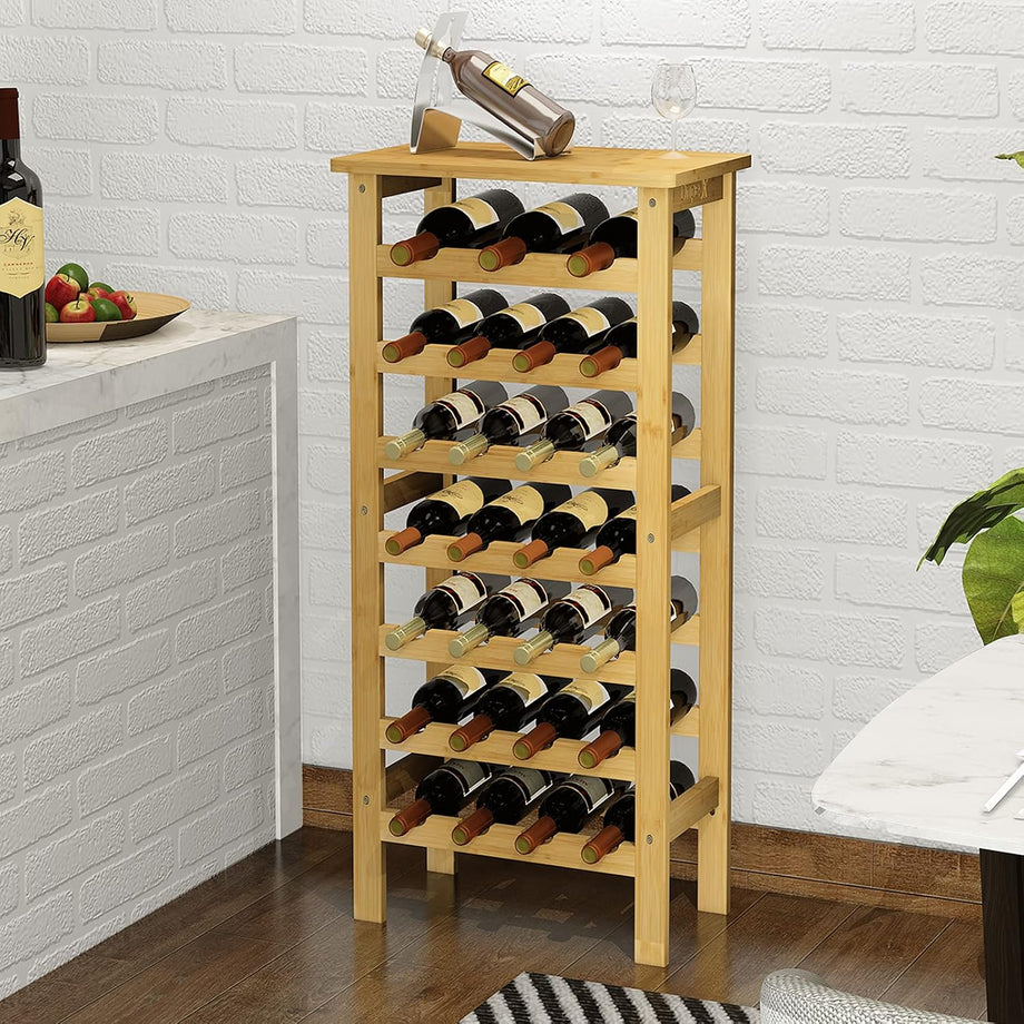 Dripex 7-Tier Bamboo Wine Rack Free Standing, 27 Bottles Wine Holder Display Storage Shelves with Table Top for Home, Kitchen, Pantry 47D x 29W x 102Hcm