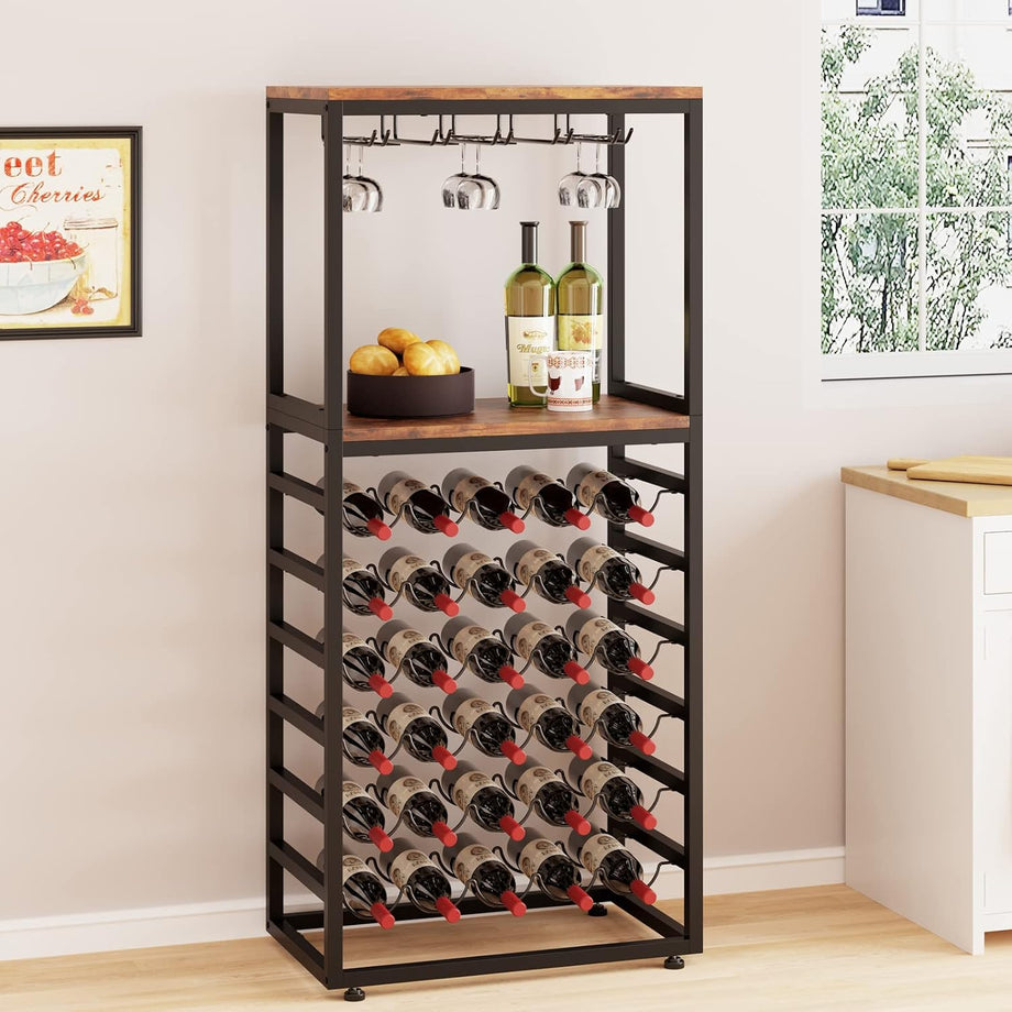 Dripex Wine Rack Free Standing Floor for Liquor and Glasses, 6-Tier Display Wine Bottles Storage Shelves with 2 Tier Wooden Shelves, Sturdy Metal Bottle Holder for Kitchen Bar Pantry