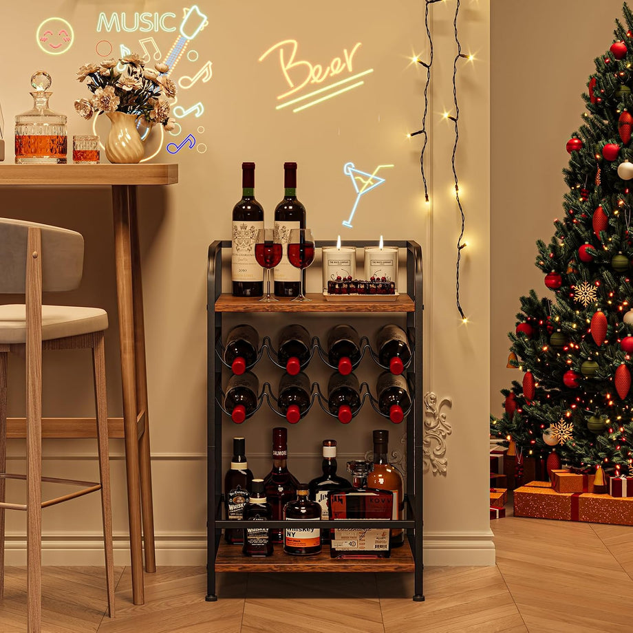 Dripex Wine Rack Free Standing Floor with Storage Shelves, 2-Tier 8 Bottles Wine Display Shelves with Wooden Table Top, Sturdy Metal Bottle Holder for Kitchen Bar Pantry (D43 x W30 x H75cm)