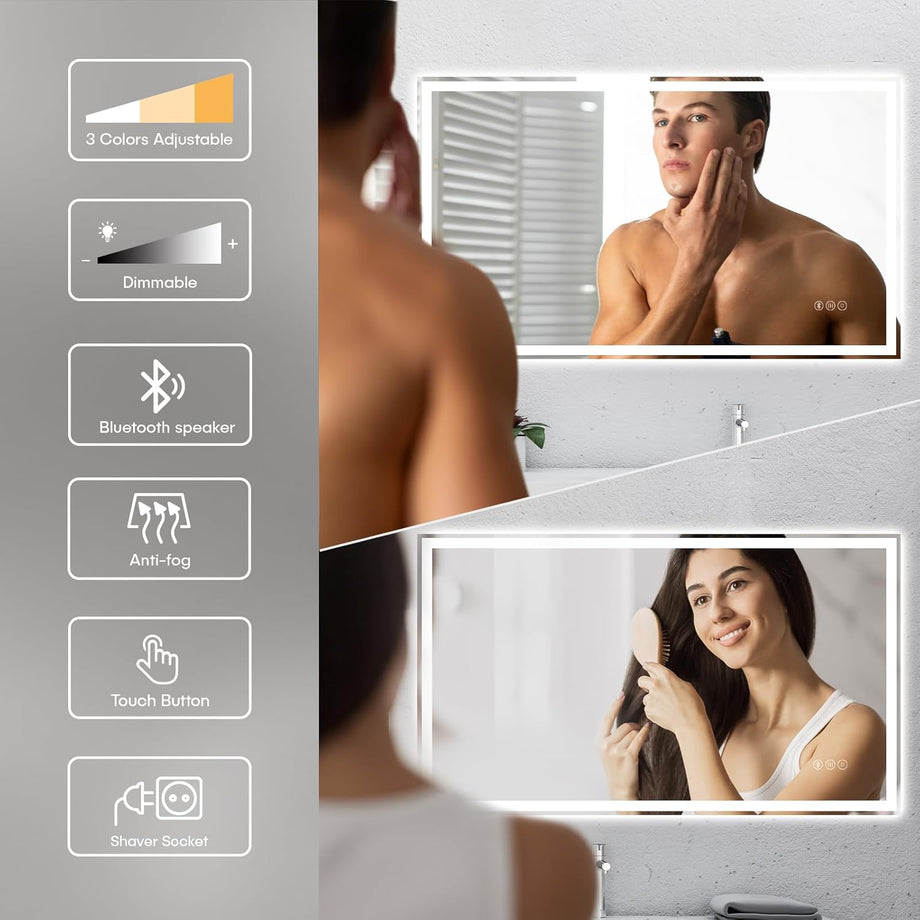 Dripex 3 Colors Bathroom Mirror with LED Lights, Illuminated Backlit Wall Mounted Vanity Mirror Dimmable Switch Demister Pad, Horizontal/Vertical [Energy Class E]