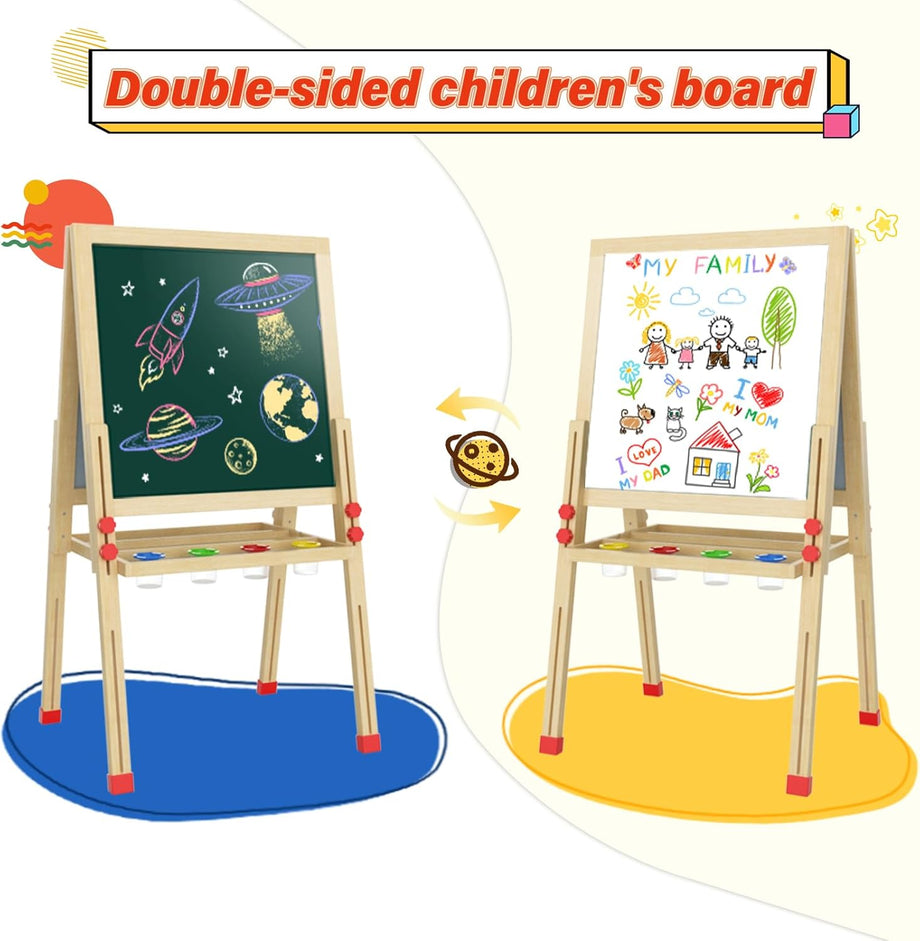 Dripex 55 x 55cm/65 x 65cm Kid’s Wooden Art Easel, Double-Sided Height Adjustable Painting Blackboard with Magnetic Accessories Chalk and Sponge for Toddlers and Kids