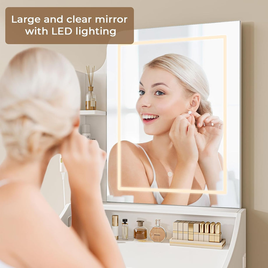 Dripex Dressing Table Set with LED Lighting Mirror, With/Without Power Outlet, 3 Light Colors, Adjustable Brightness, Vanity Table with Stool, Wooden Drawer, Storage Shelves, Compact White Makeup Desk