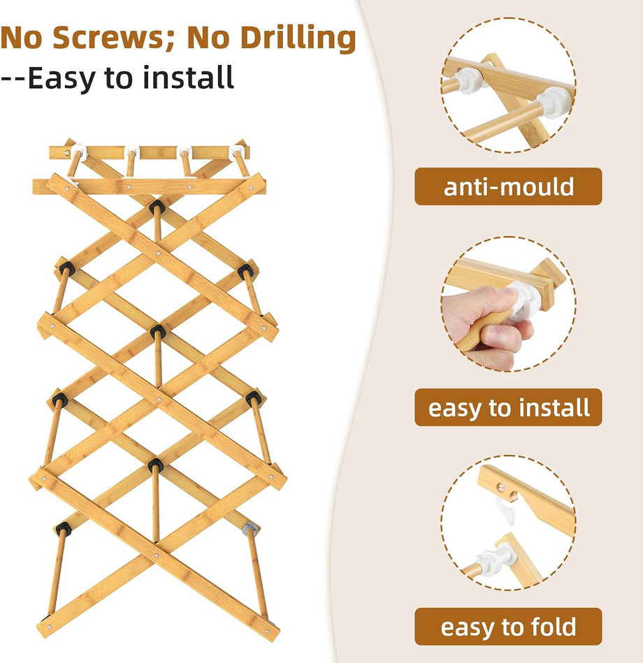 Dripex Clothes Airer, Foldable Clothes Drying Rack, Bamboo Laundry Drying Rack, Freestanding Towels Hanger, Space-Saving, Tool-Free Assembly