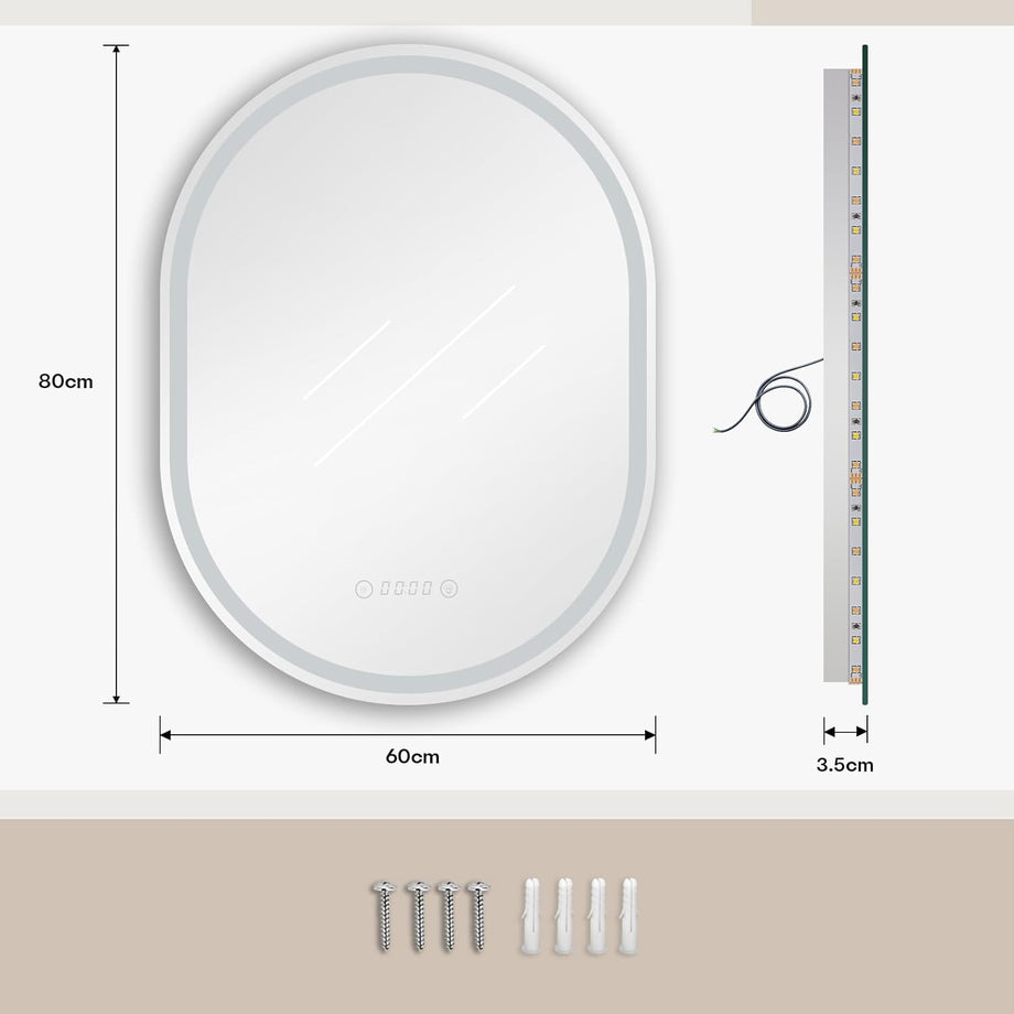 Dripex Clock Display Oval Bathroom LED Mirror, LED Mirror Bathroom with Light, Illuminated Backlit Wall Mounted Mirror with Demister, Anti-fog, 3 Lighting Modes, Dimming Light, IP44