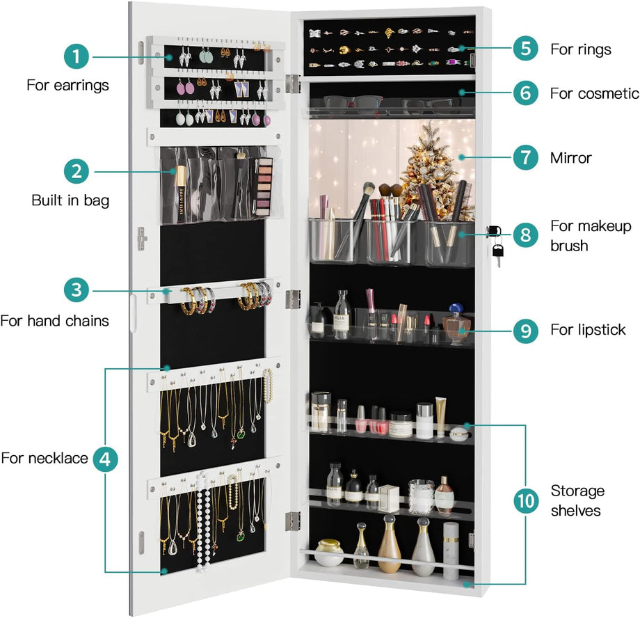 Dripex White Jewelry Organiser Mirror Wardrobe, Wall Mounted & Door Hanging Mirror, Lockable Jewelry Wardrobe with Large Storage