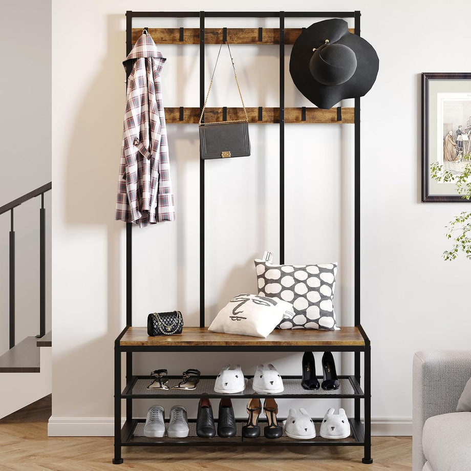 Dripex Large Coat Rack Stand Industrial Coat Stand with 12 Hooks and Shoe Bench Clothes Hat Rack Shelf Metal Frame for Bedroom Living Room Hallway