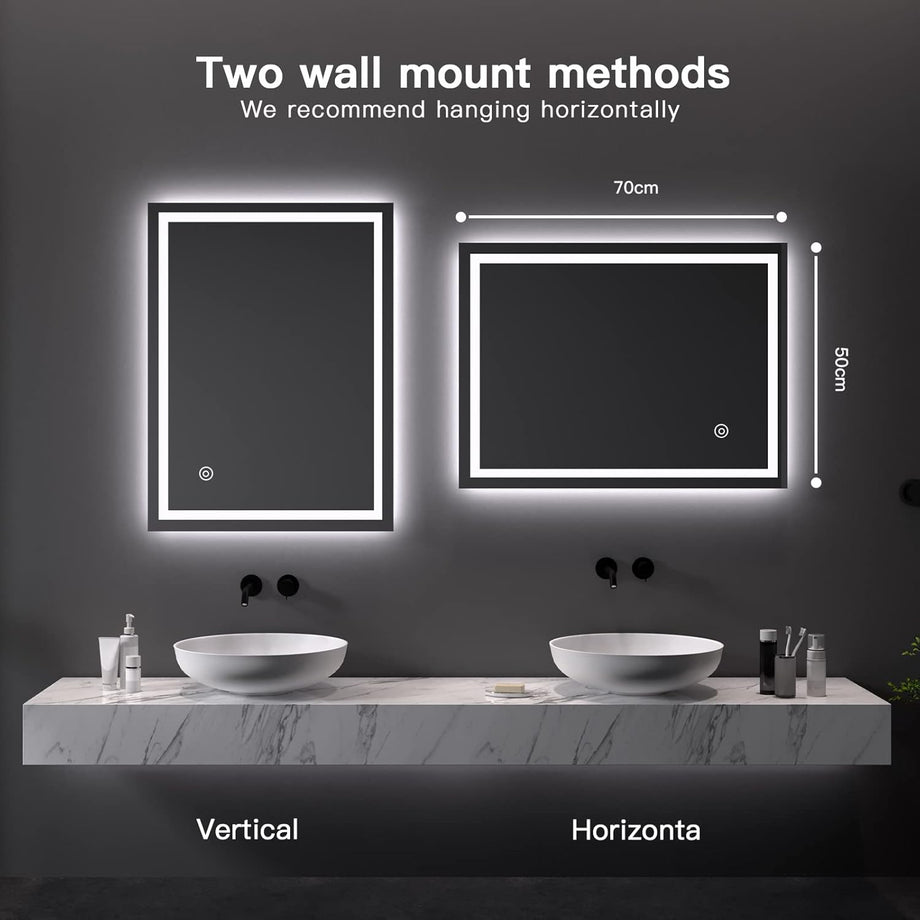 Dripex Bathroom Mirror with LED Lights, Illuminated Bathroom Mirror Wall Mounted Vanity Mirror, Bathroom Light Mirror with Demister Pad, Horizontal/Vertical [Energy Class B]