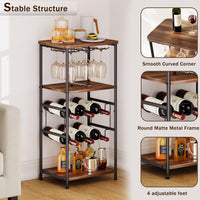 Dripex Wine Rack Free Standing Floor with Glass Holder, Storage Shelves, 2-Tier 6 Bottles Wine Display Shelves with Wooden Table Top, Sturdy Metal Bottle Holder for Kitchen Bar Pantry