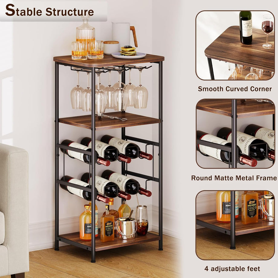 Dripex Wine Rack Free Standing Floor with Glass Holder, Storage Shelves, 2-Tier 6 Bottles Wine Display Shelves with Wooden Table Top, Sturdy Metal Bottle Holder for Kitchen Bar Pantry