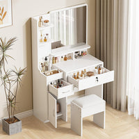 Dripex Dressing Table with Large Mirror, Bedroom Makeup Vanity Desk with Soft Stool, Vanity Desk Set with 2 Drawer, 1 Cabinets, 6 Open Storage Compartments, for Bedroom, White
