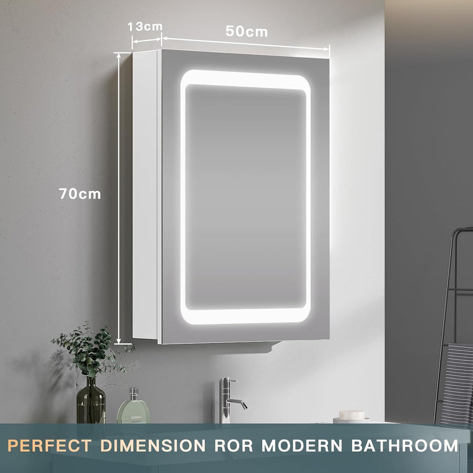 Dripex LED Bathroom Mirror Cabinet, Bathroom Mirror Cabinet with LED Lights Shaver Socket and Demister Pad, Non-contact Sensor Switch, White/Right hinge