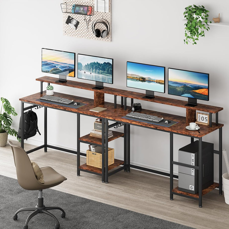 Dripex 107.5 x 48 x 95cm Computer Desk Home Office Desk with Monitor Stand & Storage Shelves Rustic Brown Work Writing Desk Gaming Table for Small Spaces