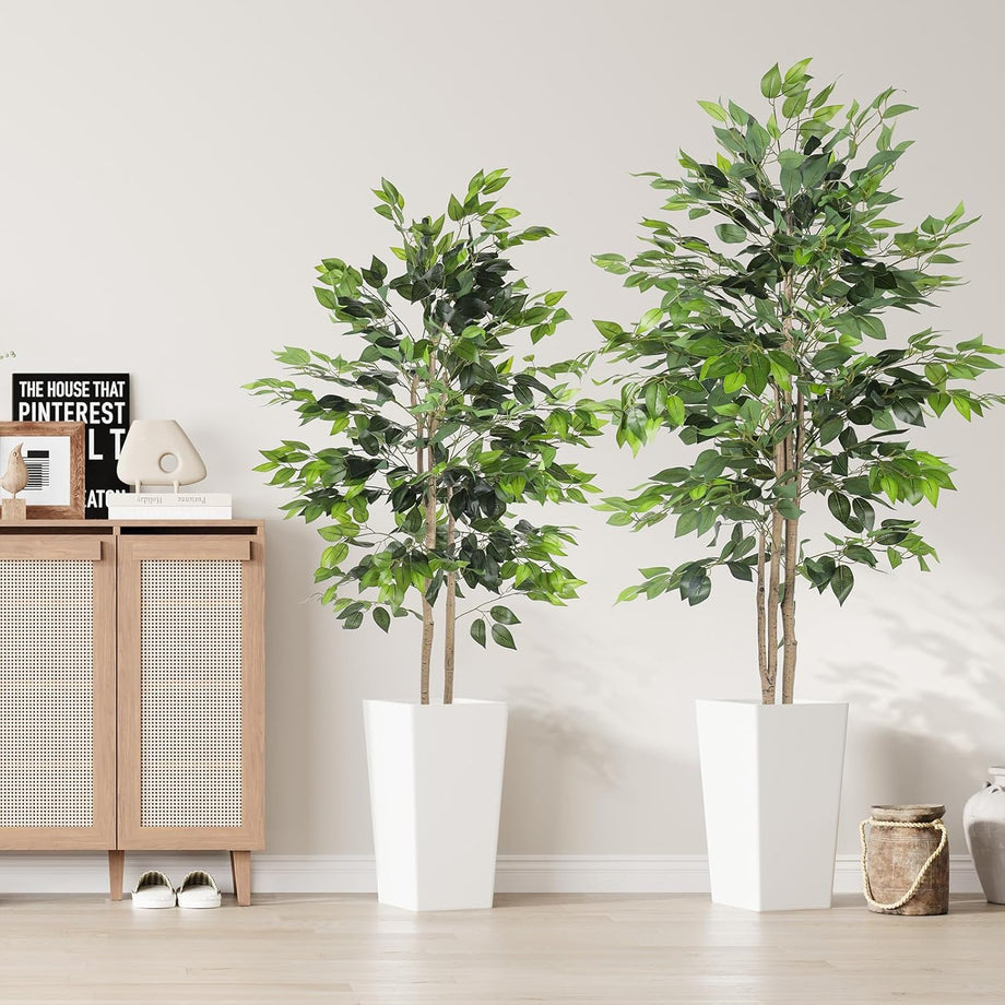YOLEO 5FT/6FT Artificial Ficus Tree with White Tall Planter, Lifelike Fake Silk Tree Indoor, Faux Ficus Tall Plant for Living Room Bedroom Balcony Corner Office Decor