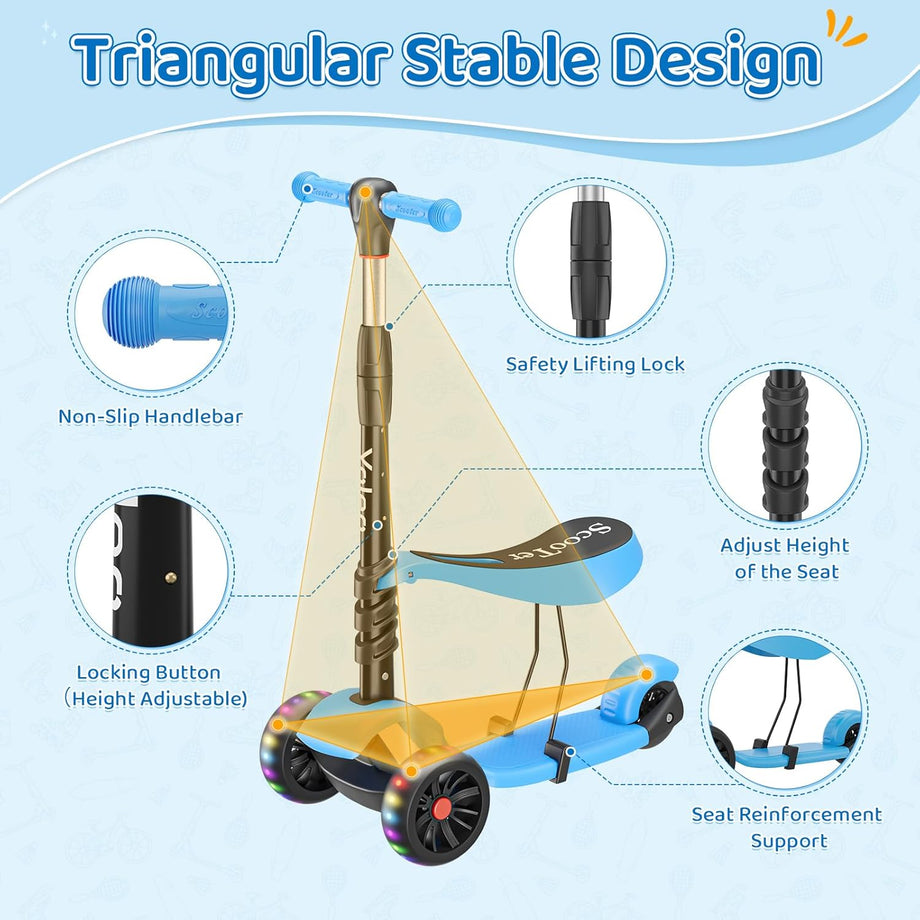 YOLEO Kids Three Wheel Kick Scooter with Removable Seat, LED Flashing Wheels, Height Adjustable Scooter