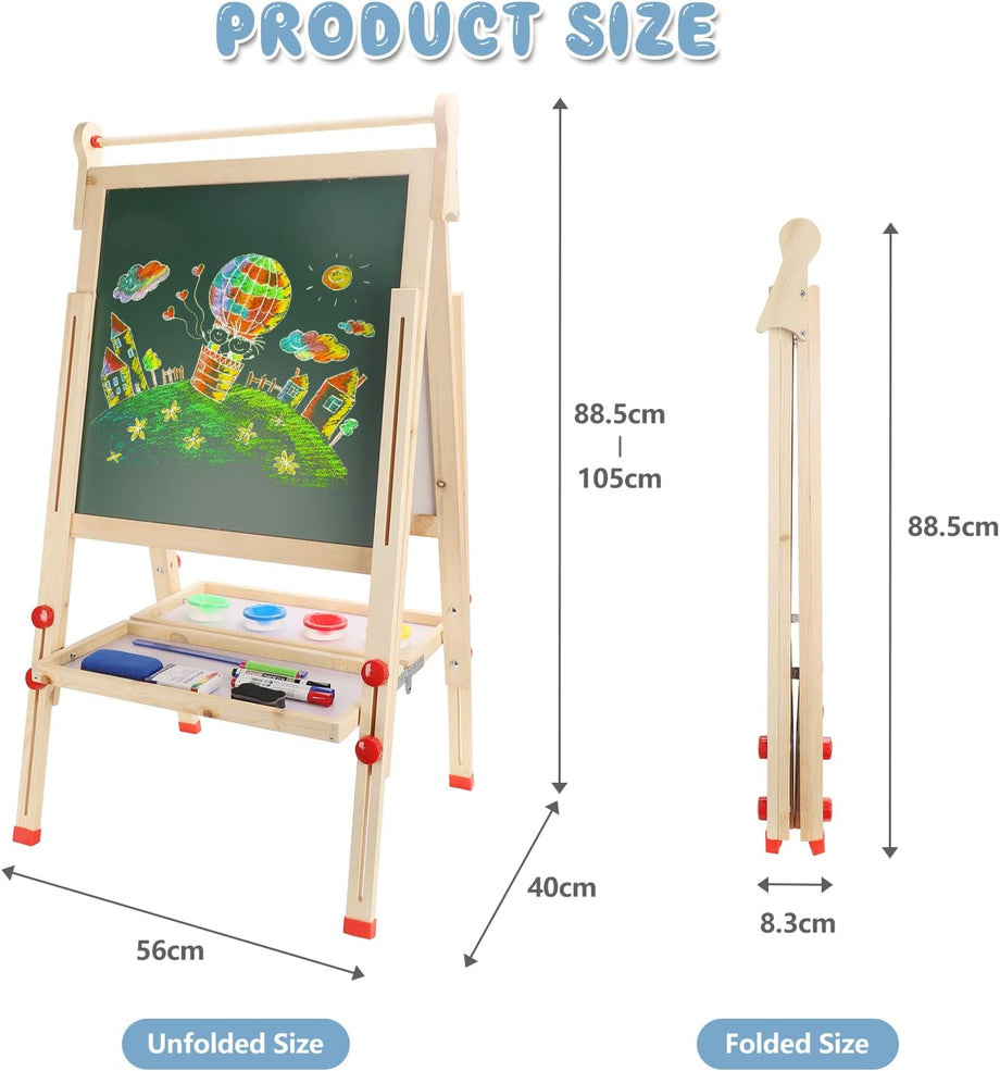 Dripex Kids Easel, Children's Wooden Art Easel Foldable, Double-Sided Magnetic Blackboard & Whiteboard for Kids and Toddlers, Chalkboard with Painting Art Supplies