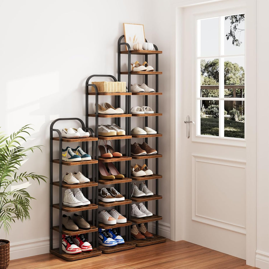 Dripex Adjustable Narrow Shoe Rack Organizer, Space Saving Vertical Tall Shoe Shelf, Sturdy Multifunctional Entryway Hallway Living Room Storage Shelf Rustic Brown