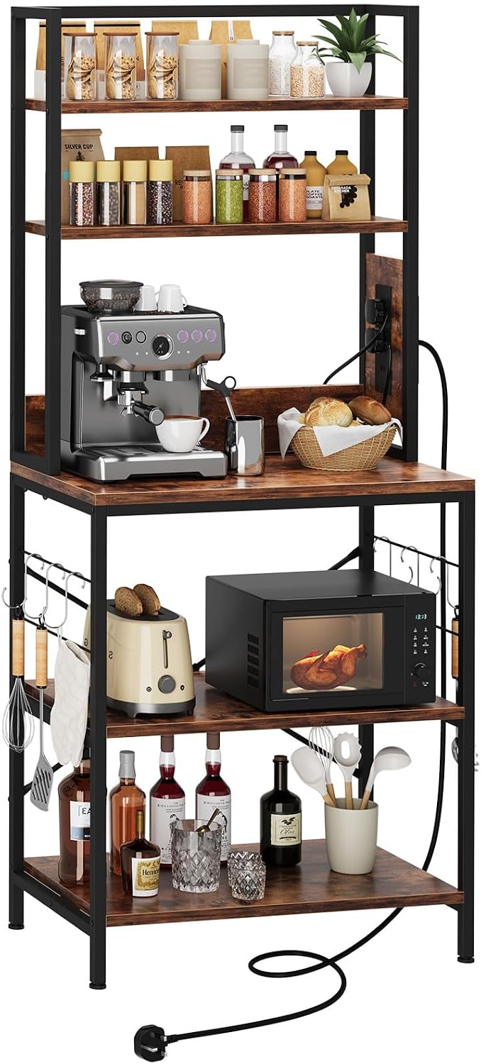Dripex Baker's Rack, 65" Freestanding Kitchen Storage Shelf Unit with Hooks, 5-Tier Versatile Standing Bookshelf for Home, Kitchen, Living Room