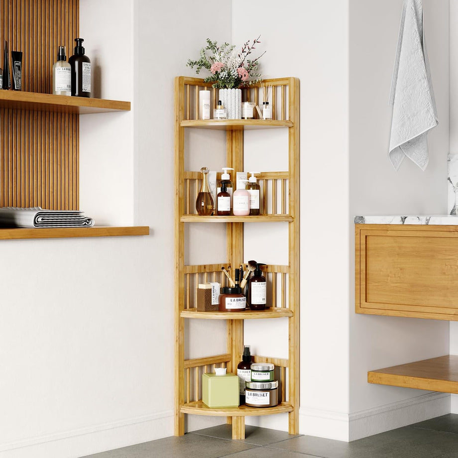 Dripex Bamboo Corner Shelf, Narrow Bookshelf for Small Space, Floor Standing Storage Display Rack for Living Room, Bedroom, Home or Office